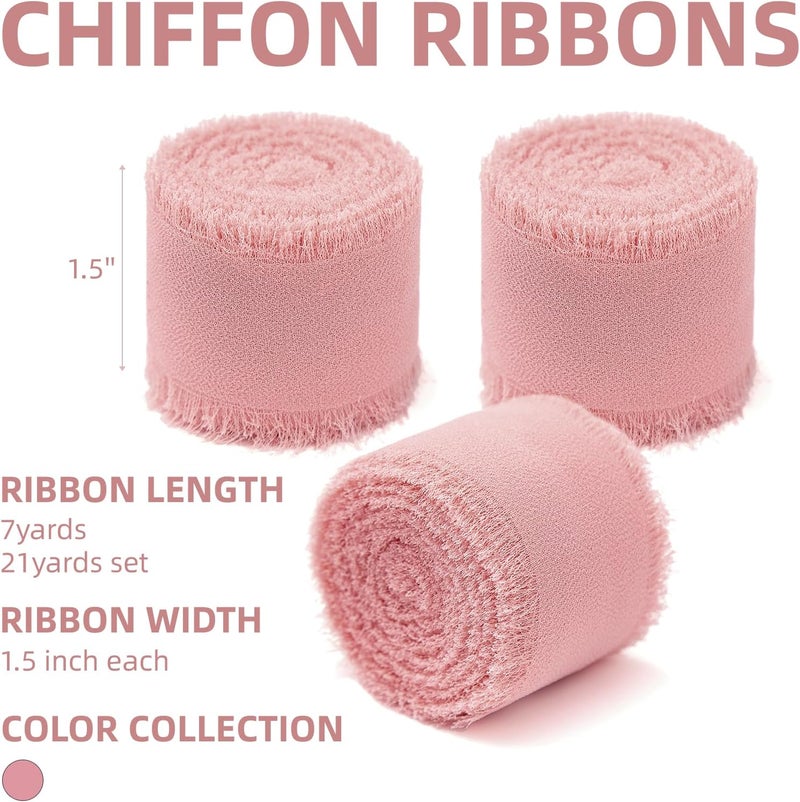 KEOSREE 3 Rolls Blush Pink Handmade Chiffon Ribbon,1.5" x 21Yd Frayed Fringe Silk Ribbons (3 Rolls *7Yd) for Gifts Wrapping, Wedding Invitations, Bridal Bouquets, Decorations - Image 2